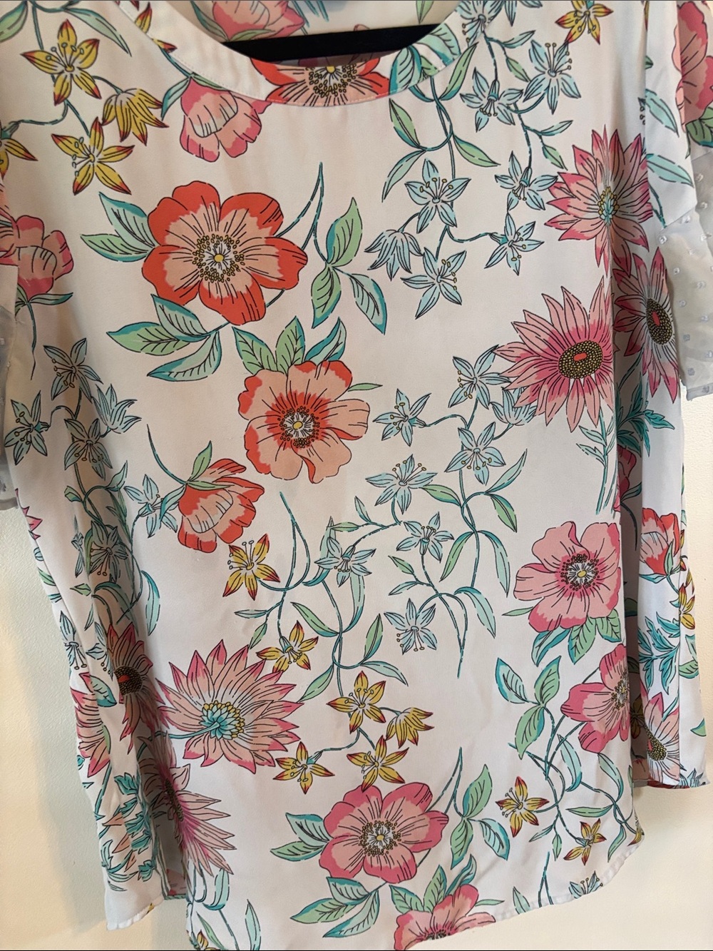 Van Heusen Floral Flutter-Sleeve Blouse — Pink, Green and Blue on a Light Gray - Picture 2 of 5